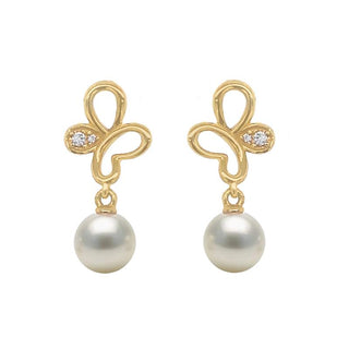 9K Yellow Gold Pearl & Diamond Butterfly Stud Earrings