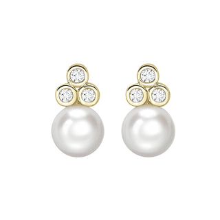 9K Yellow Gold Freshwater Pearl & Diamond Stud Earrings