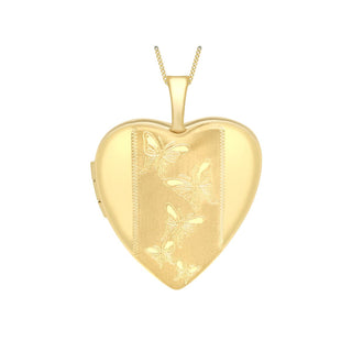 9K Yellow Gold Etched-Butterfly-Detail Heart Locket